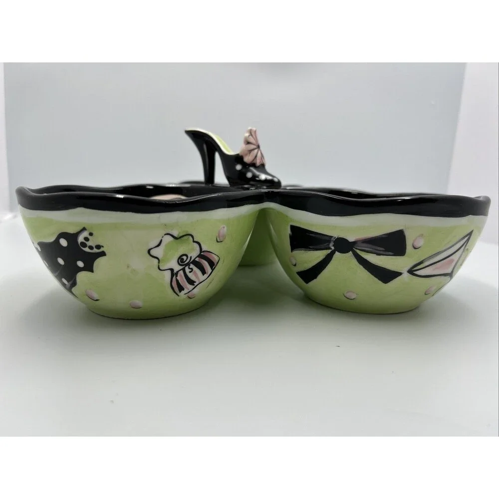 Vintage Clay Art 3 Section Serving Dish High Heel Shoe Purse Pink Green Ceramic